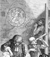 Board of Longitude papers project logo -- a madman trying to find the longitude; from William Hogarth's Rake's Progress (1735).