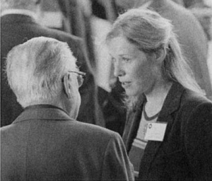 Lillian Hoddeson and Emilio Segrè at the Fermilab conference on the history of particle physics. Photograph by Tony Frelo.